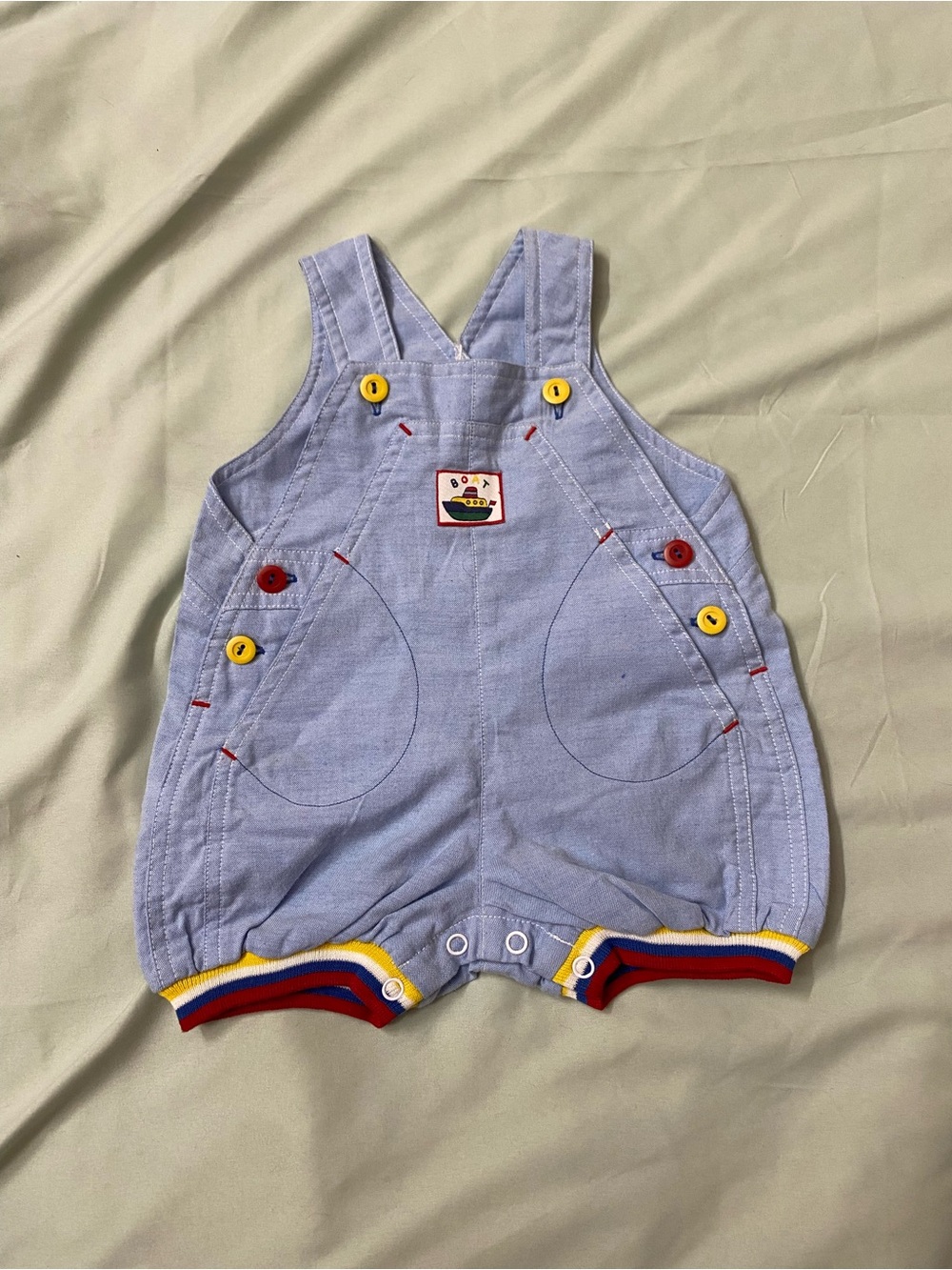 VTG Baby Beluga Nautical Boat Romper 3-6M Blue Chambray Primary Colorblock Retro